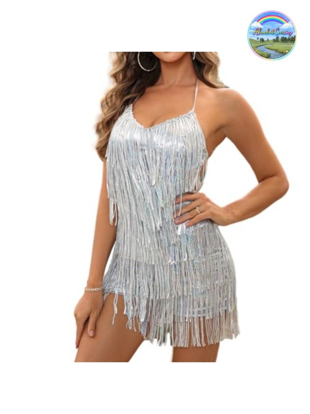 Women's Sequin Fringe Romper Halter Backless Mini Bodycon Jumpsuit
